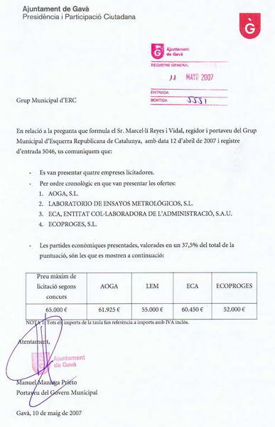 Resposta de l'Ajuntament de Gav&agrave; a la pregunta d'ERC de Gav&agrave; per ser contestada per escrit sobre el n&uacute;mero i cost de les ofertes al concurs per a l'assessoria de l'Ajuntament de Gav&agrave; en el tema de l'aeroport (10 de Maig de 2007)